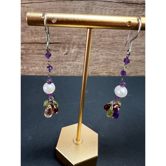 Multi gemstone cluster dangle earrings in sterling silver - Picture 10 of 10